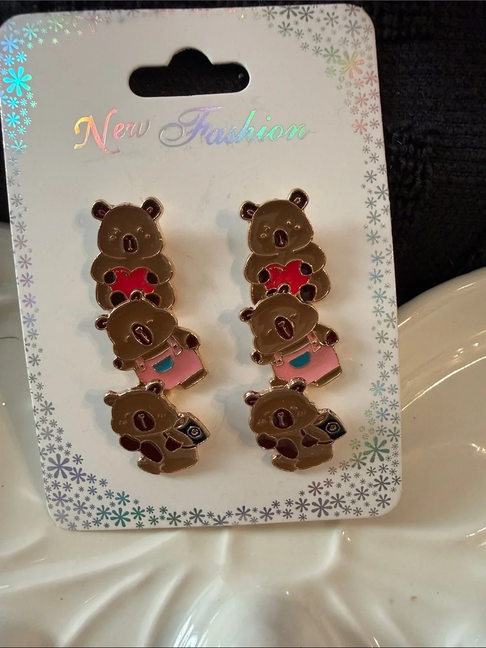 Kids Bear Heart Stud Earrings - Brown & Pink